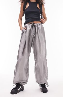 Topshop Oversize Metallic Parachute Trousers in Silver