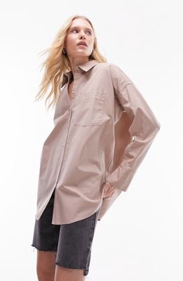 Topshop Oversize Poplin Button-Up Shirt in Taupe