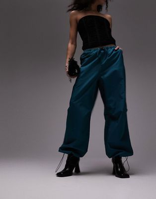 Topshop oversized balloon nylon parachute pants in teal-Blue