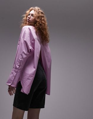 Topshop oversized deep cuff double pocket shirt in pink