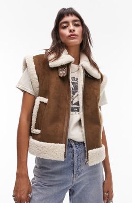 Topshop Oversized Faux Shearling Aviator Gilet Vest in Brown