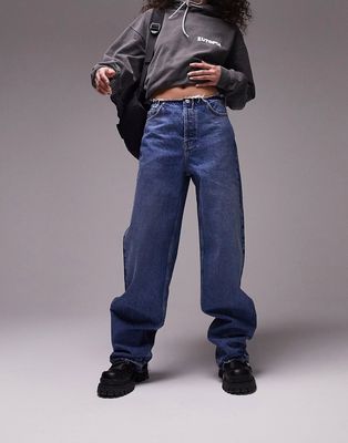 Topshop Oversized Mom jeans with raw waistband in mid blue