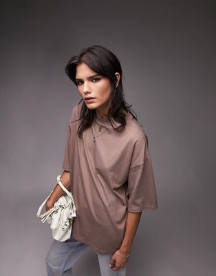 Topshop oversized tee in taupe-Brown