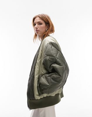 Topshop patchwork quilted bomber jacket in khaki-Green