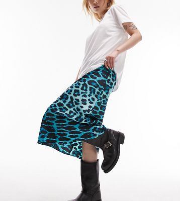 Topshop Petite animal print bias maxi skirt in turquoise-Blue
