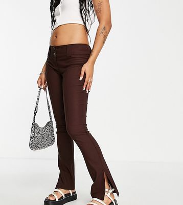 Topshop Petite bengaline double button low rise flare pants in chocolate-Brown