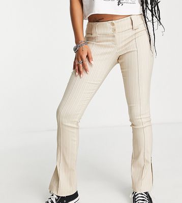 Topshop Petite bengaline double button pinstripe print low rise flare pants in sand-Brown