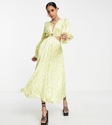 Topshop Petite cut out ring detail midi dress in lime spot-Green