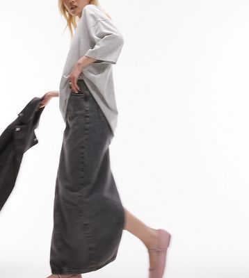 Topshop Petite denim column maxi skirt in dark gray