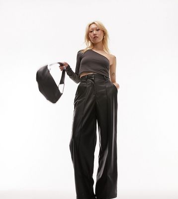 Topshop Petite faux leather dad pleated wide leg pants in black