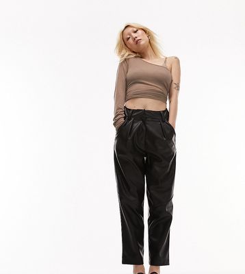 Topshop Petite faux leather high waist pleated peg pants in black