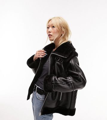 Topshop Petite faux leather shearling zip front oversized aviator jacket with double collar detail in black