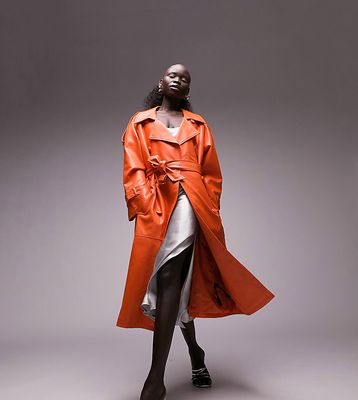 Topshop Petite faux leather trench coat in orange