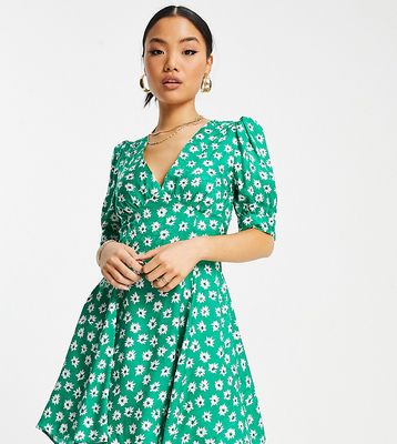 Topshop Petite floral v neck swing tea dress in green
