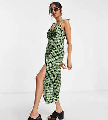 Topshop Petite geo floral cut out slip midi dress in green-Multi
