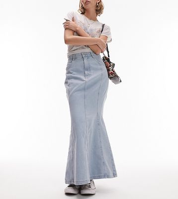 Topshop Petite high waist denim fishtail skirt in bleach-Blue