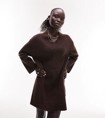 Topshop Petite knit v neck mini dress in chocolate-Brown
