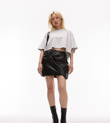 Topshop Petite leather look tie front mini skirt in black