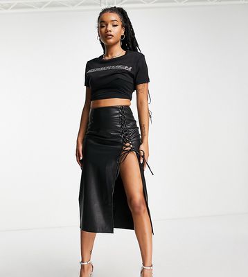 Topshop petite leather look tie up high split midi skirt in black