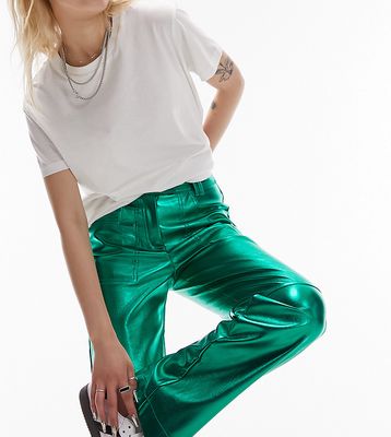 Topshop Petite leather low rise tab waist straight leg metallic pants in green