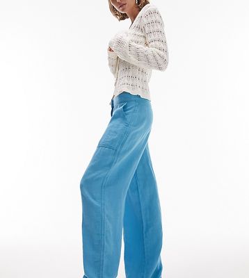Topshop Petite linen low rise straight leg cargo pants in blue