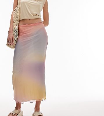 Topshop Petite mesh pastel blurred print picot trim midi skirt in multi