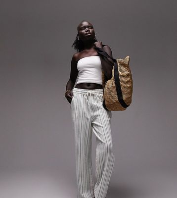 Topshop Petite pull on towelling stripe wide leg pants in white