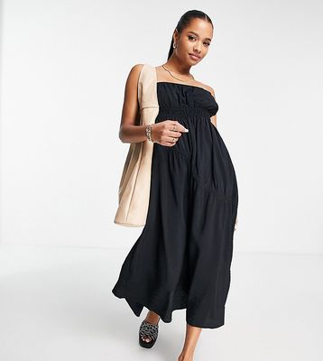 Topshop Petite ruched front casual bandeau dress in black