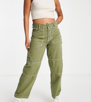 Topshop Petite workwear straight leg pants with fold over waistband detail in khaki-Green