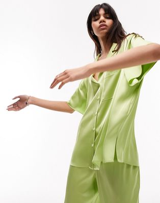 Topshop pj style satin shirt in lime - part of a set-Green