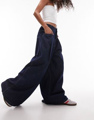 Topshop pleat extreme wide leg jeans in raw indigo-Blue
