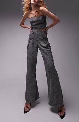 Topshop Pleated Flare Trousers in Grey Marl