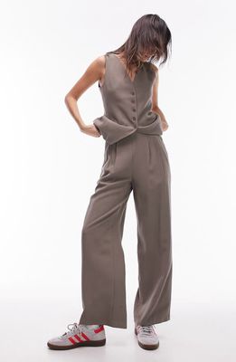 Topshop Pleated High Waist Wide Leg Trousers in Mink
