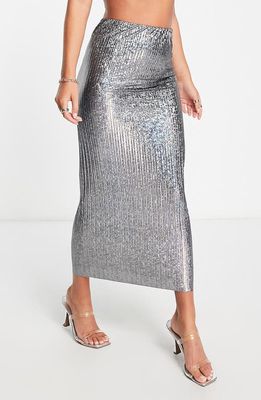 Topshop Pleated Iridescent Midi Skirt in Silver