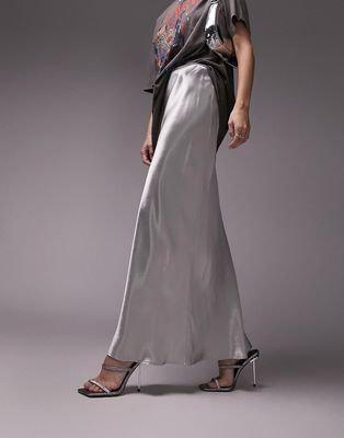 Topshop premium bias satin maxi skirt in silver