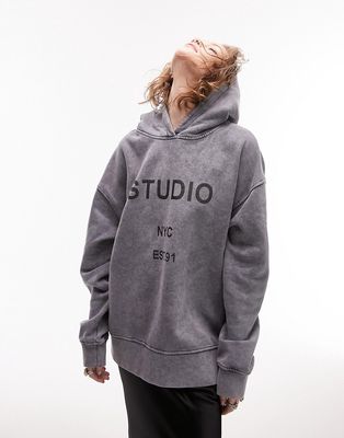 Topshop Premium graphic acid wash studio hoodie in charcoal-Gray