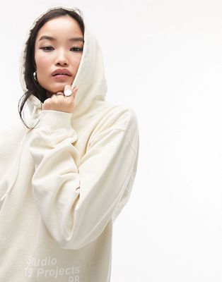 Topshop premium graphic studio oversized hoodie in heathered oat - part of a set-White
