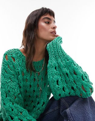 Topshop premium hand knitted open stitch sweater in green-Neutral