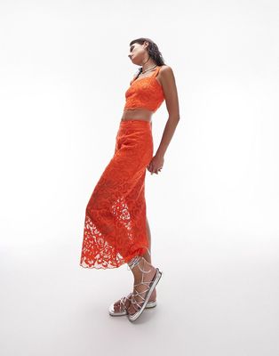 Topshop premium lace detail midi skirt in orange - part of a set-Brown
