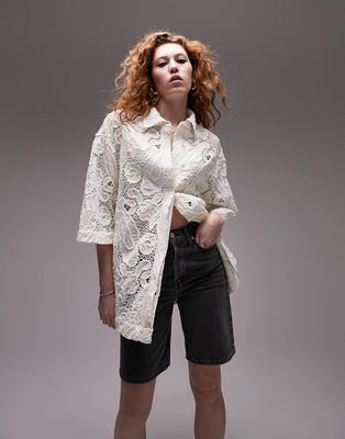 Topshop Premium lace shirt in ivory-White