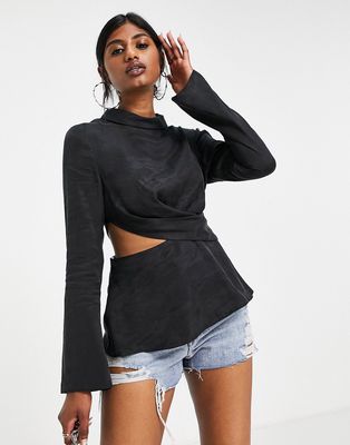 Topshop premium long sleeve draped cut out top in charcoal-Gray