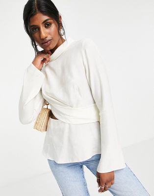 Topshop premium long sleeve draped cut out top in ivory-White