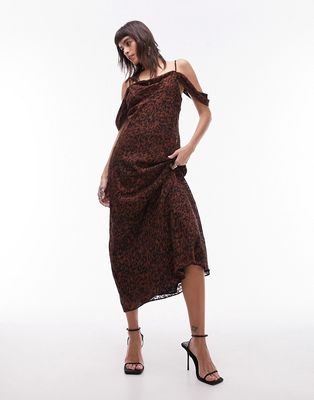 Topshop Premium off shoulder cami midi dress in animal jacquard print-Multi