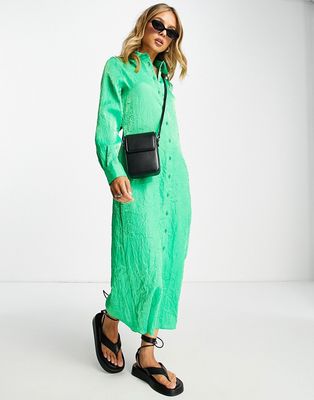 Topshop premium textured midi shirt dress in green