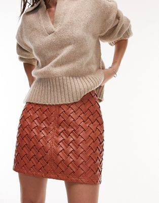 Topshop premium weave mini skirt in terracotta-Orange