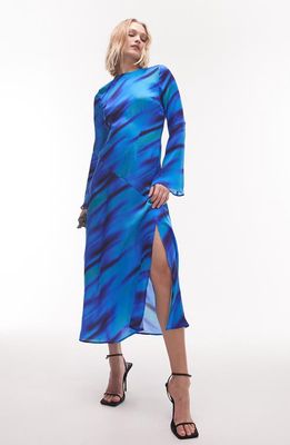 Topshop Print Long Sleeve Maxi Dress in Medium Blue