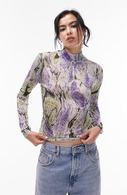 Topshop Print Mock Neck Long Sleeve Top in Purple Multi