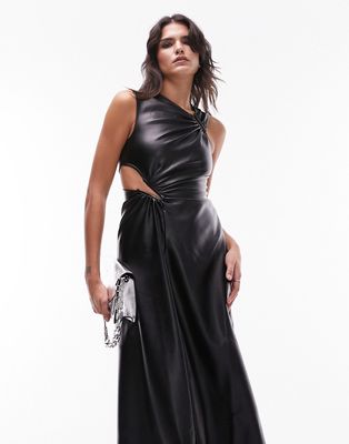 Topshop PU asymmetric cut-out detail midi dress in black