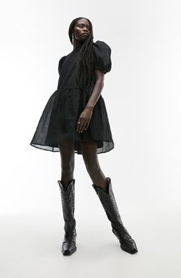 Topshop Puff Sleeve Textured Minidress in Black