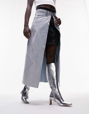 Topshop Raven square toe heeled knee high boots in silver
